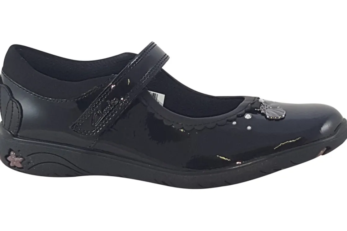 Clarks Velcro | Junior Girls<Sea Shimmer K Black Girls Leather School Shoes