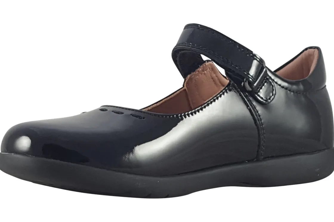 Geox Junior Girls | Velcro<J Naimara G J16FHA Black Leather Patent Girls School Shoes